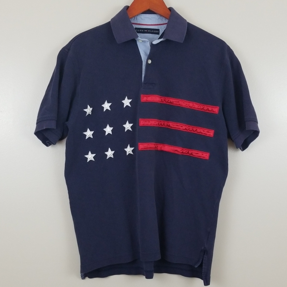 Tommy Hilfiger Mens Blue Flag Print Polo Medium